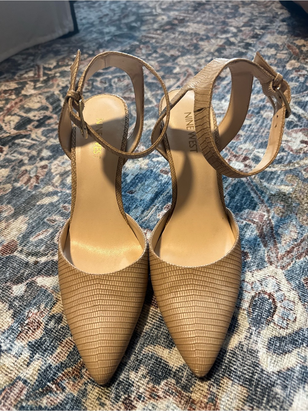 Nine West Nude Textured Pointed Toe Ankle Strap Heels